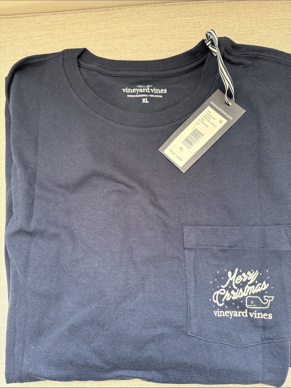 Vineyard Vines Navy Long-Sleeve Pocket Tee with White Holiday Print